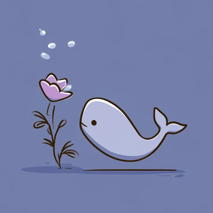 A whale and a bowl of petunias, drawn in ink on a periwinkle ground
